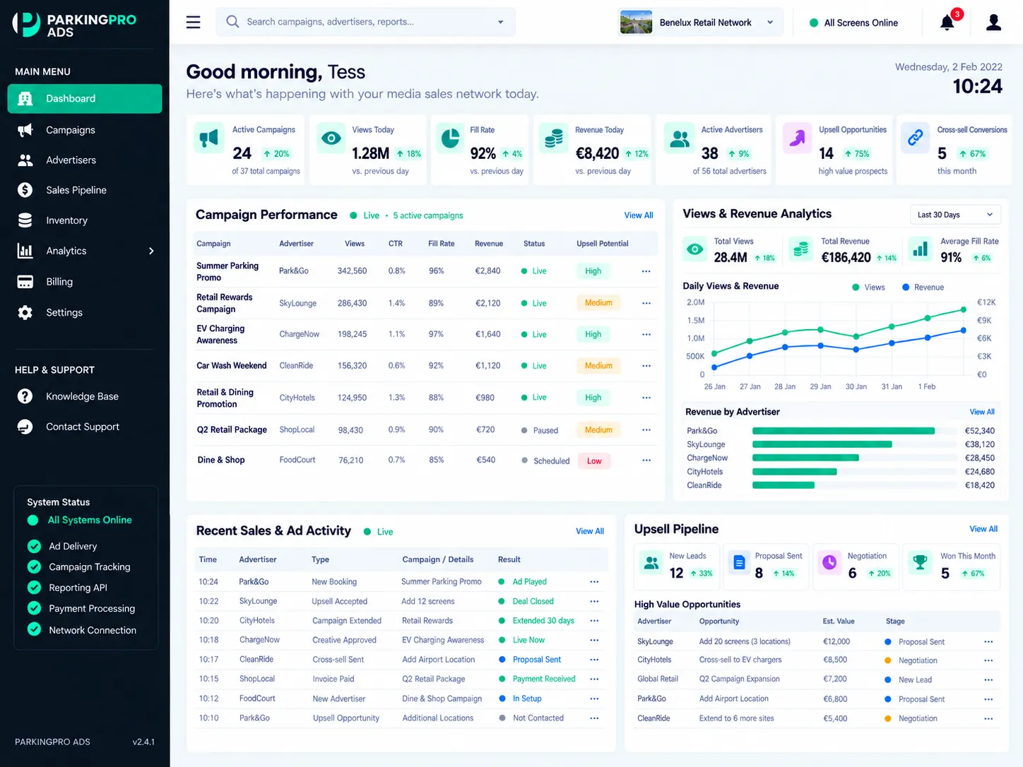 ParkingPro-Ads campagne dashboard met impressies, bereik en een in-app advertentie op mobiel